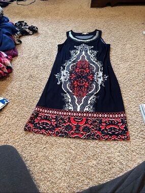 Sleeveless Black Dress with Red & White Baroque Print